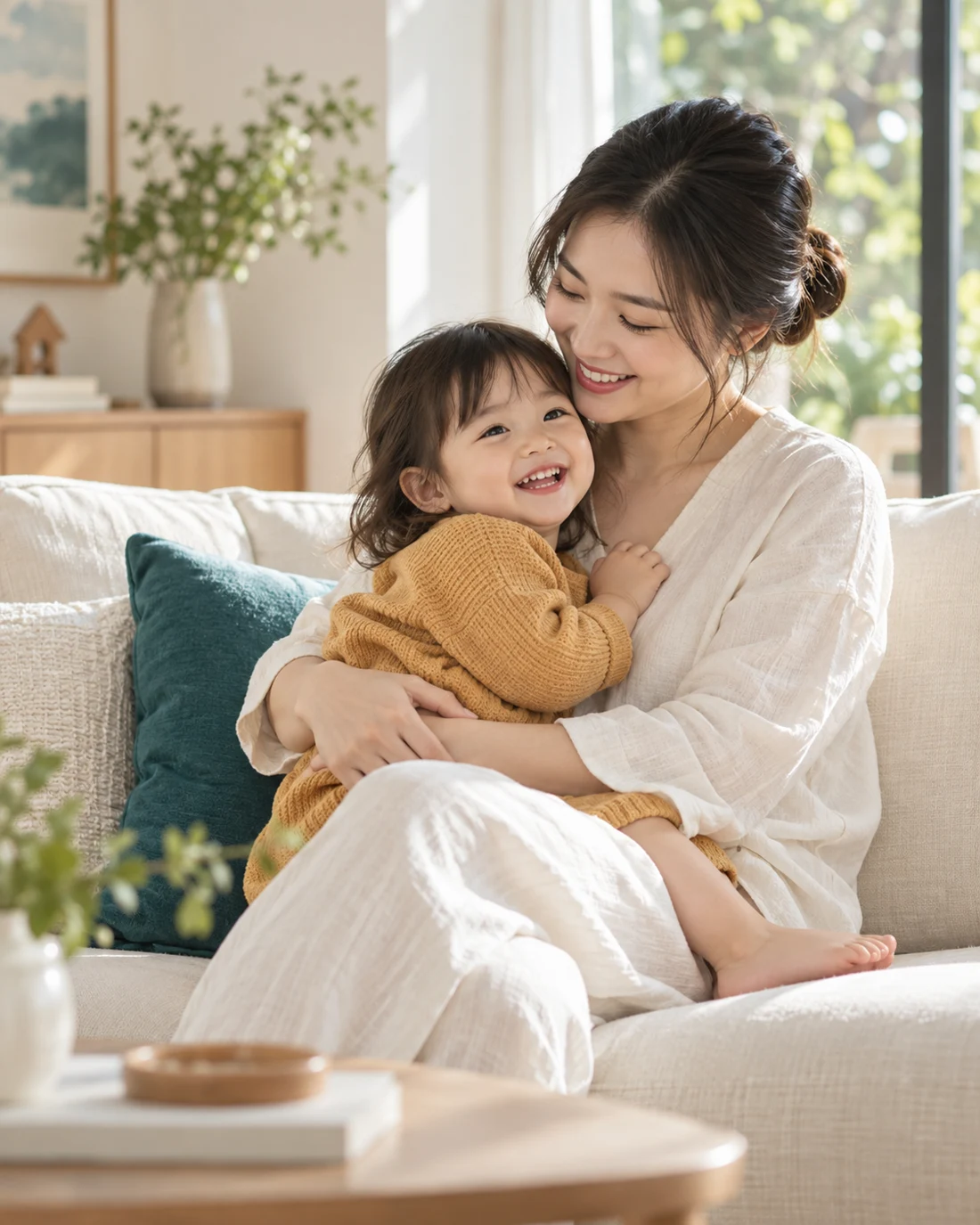 Mẹ và bé cùng cười trong một khoảnh khắc ấm áp ở nhà